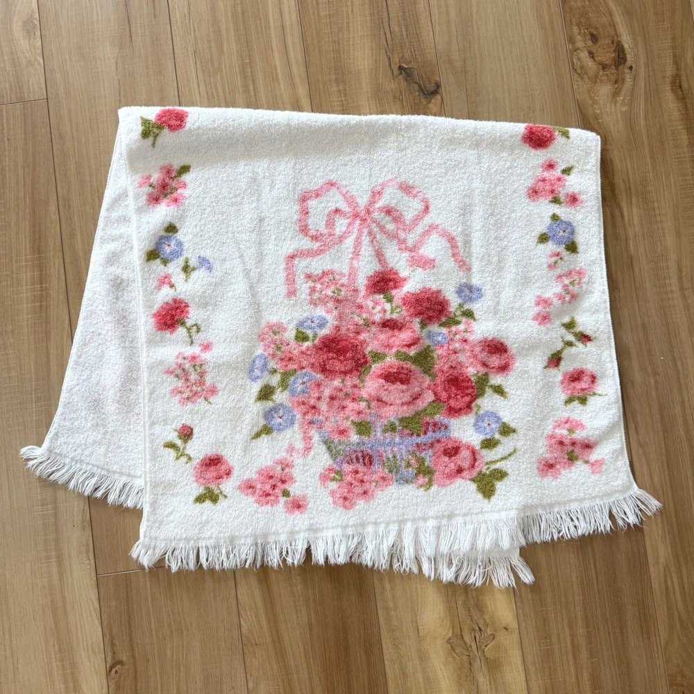 Fieldcrest Vintage Floral Basket Pink Bow Fringed Bath Towel 100 Cotton USA Made
